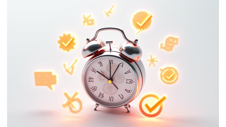 Illustration einer Uhr mit Zahnrädern, die Schweizer Präzision und Schnelligkeit darstellt, umgeben von Icons für Bestätigungshaken und Kommunikationssymbole. Drückt Zuverlässigkeit und feste Zeitzusagen aus.